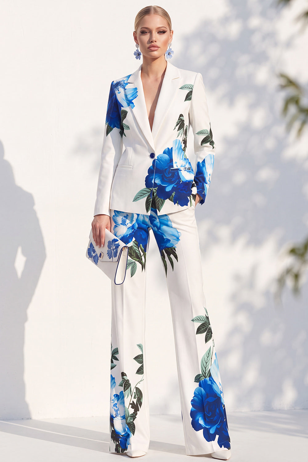 White Red Flower 2 Piece One Button Peak Lapel Women Suits