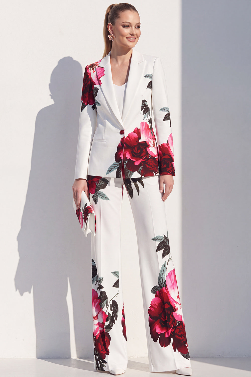 White Red Flower 2 Piece One Button Peak Lapel Women Suits