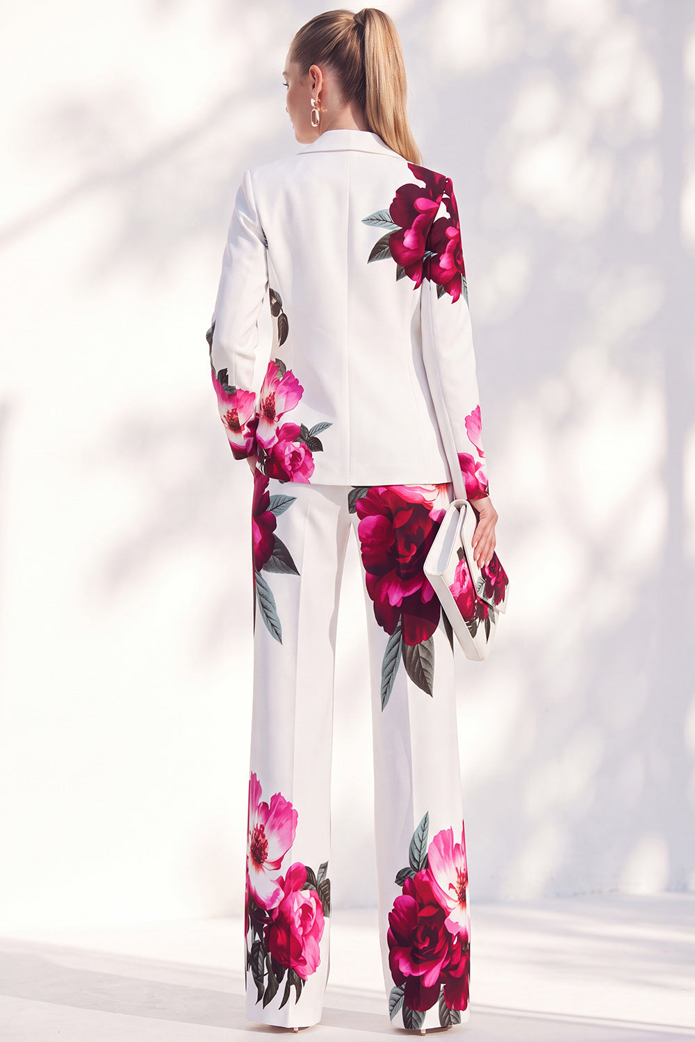 White Red Flower 2 Piece One Button Peak Lapel Women Suits