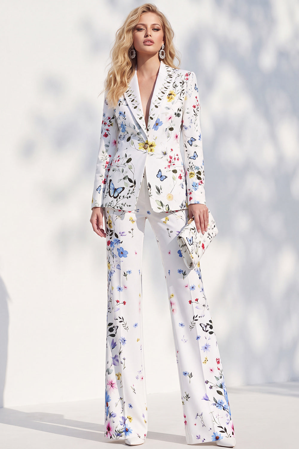 White Floral 2 Piece Peak Lapel Slim Fit One Button Women Suits