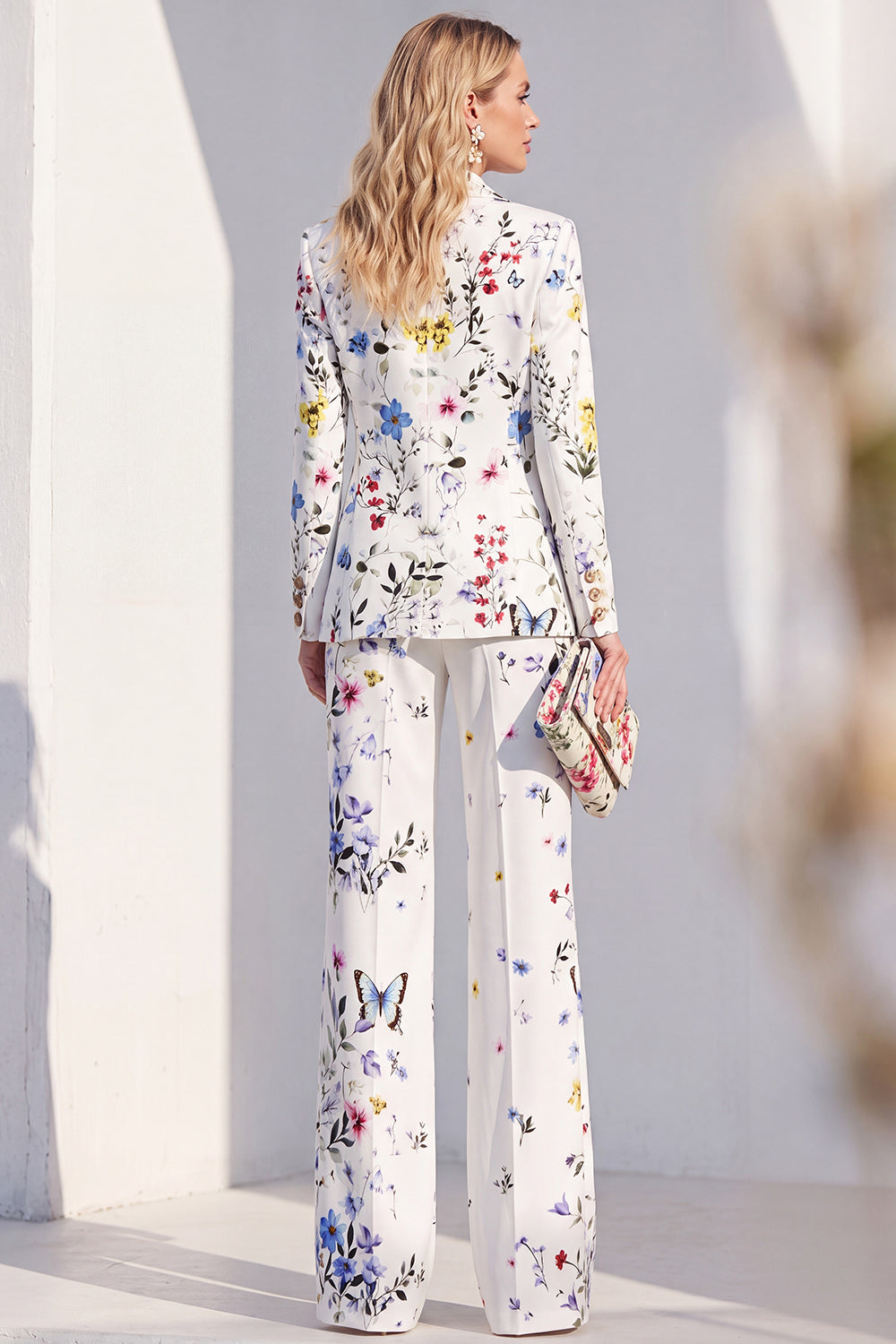 White Floral 2 Piece Peak Lapel Slim Fit One Button Women Suits