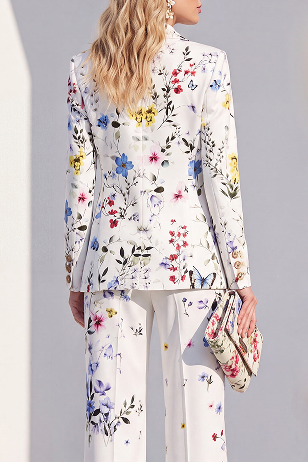 White Floral 2 Piece Peak Lapel Slim Fit One Button Women Suits