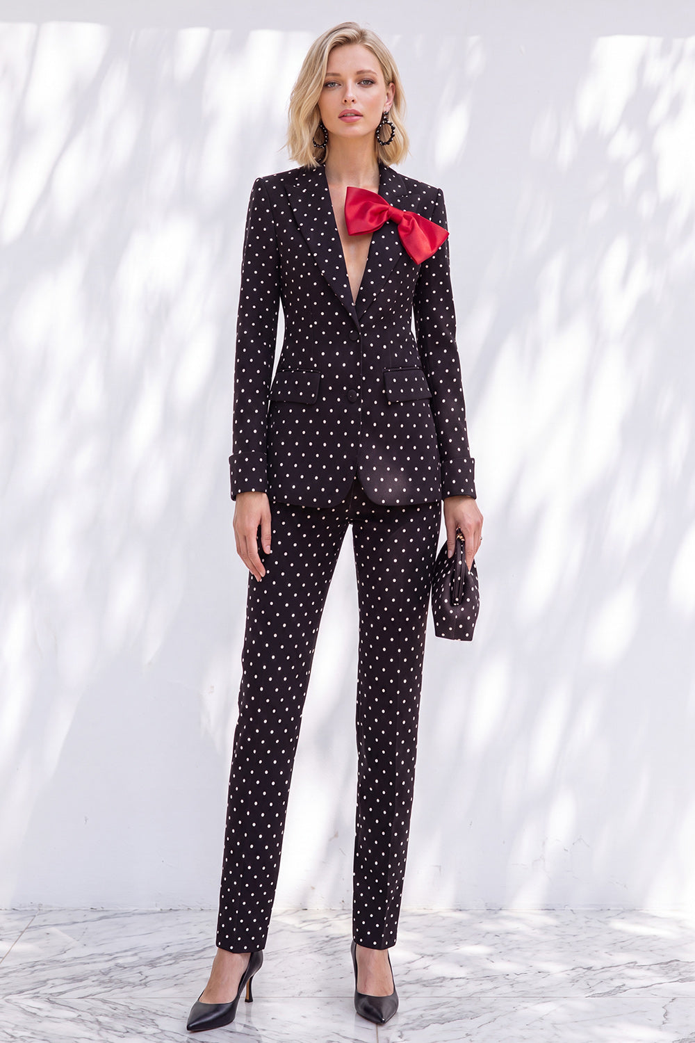 Polka Dots White Slim Fit 2 Piece Peak Lapel Women Suits with Bow