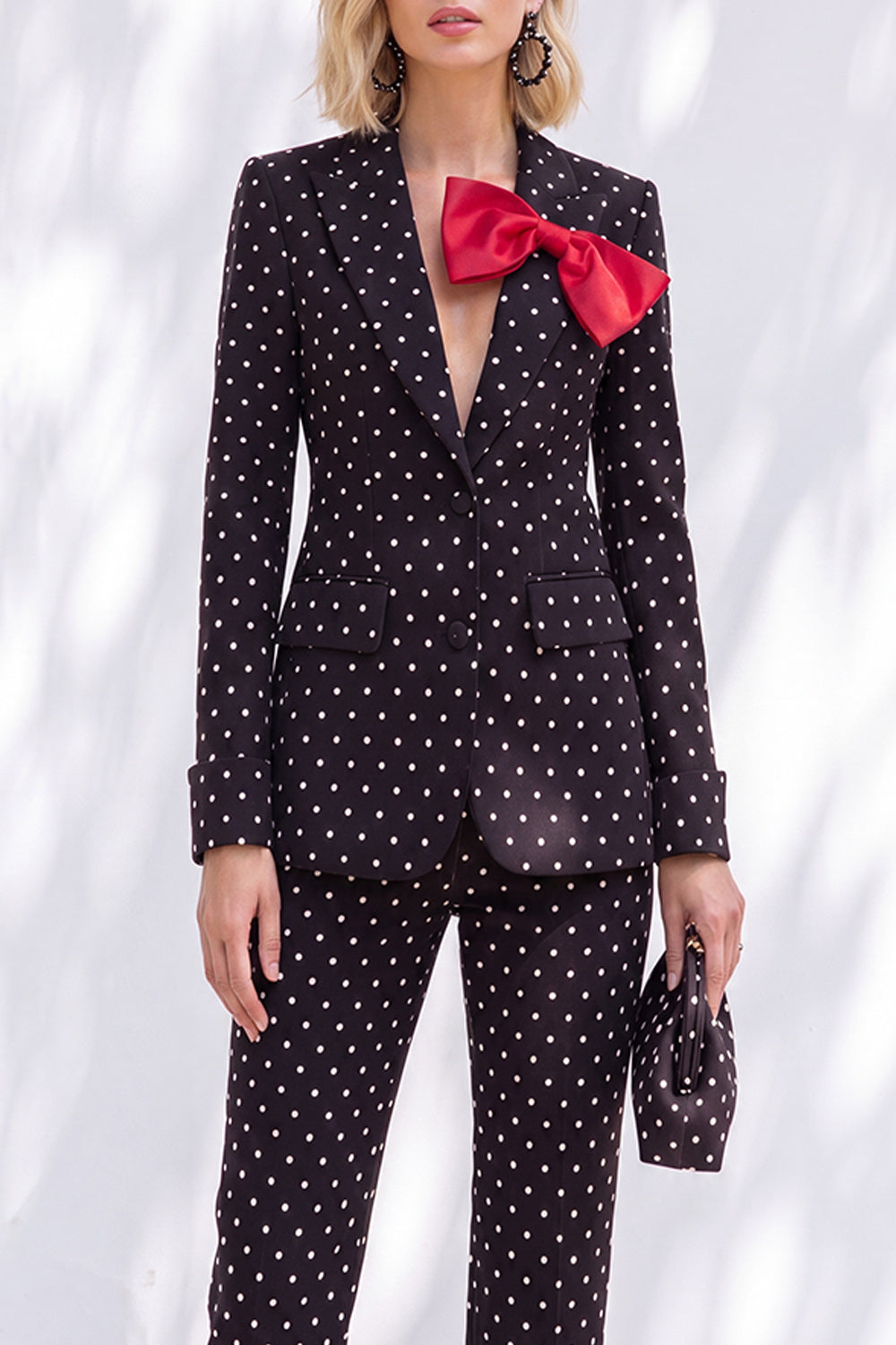 Polka Dots White Slim Fit 2 Piece Peak Lapel Women Suits with Bow