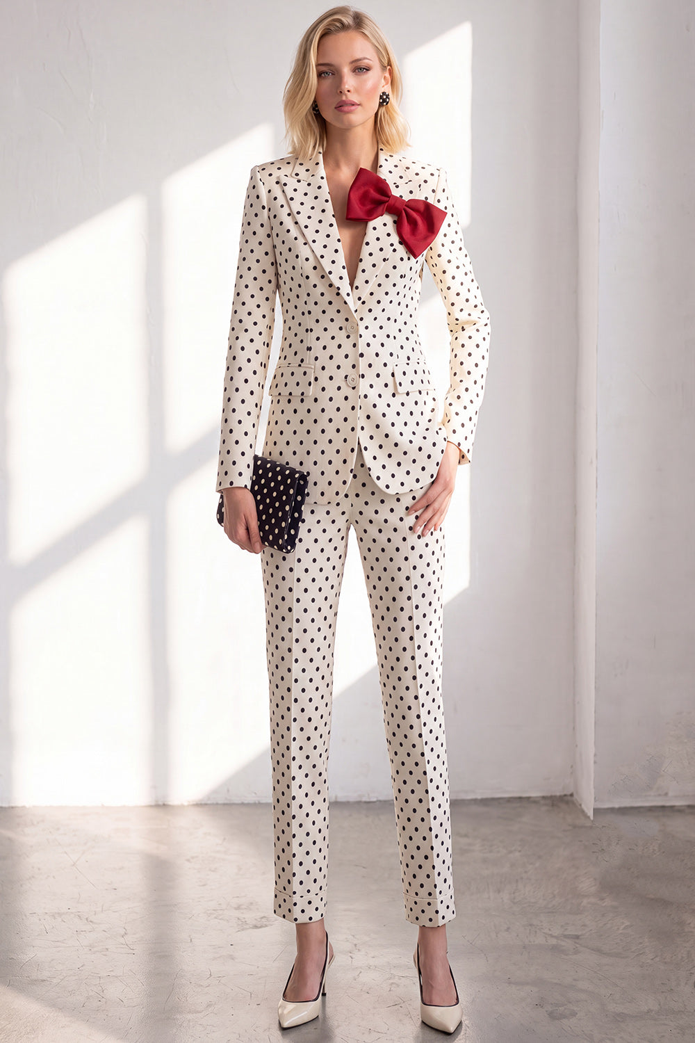 Polka Dots White Slim Fit 2 Piece Peak Lapel Women Suits with Bow