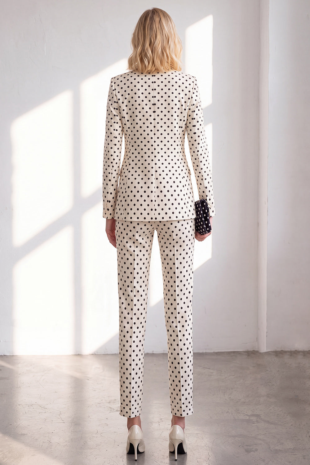 Polka Dots White Slim Fit 2 Piece Peak Lapel Women Suits with Bow