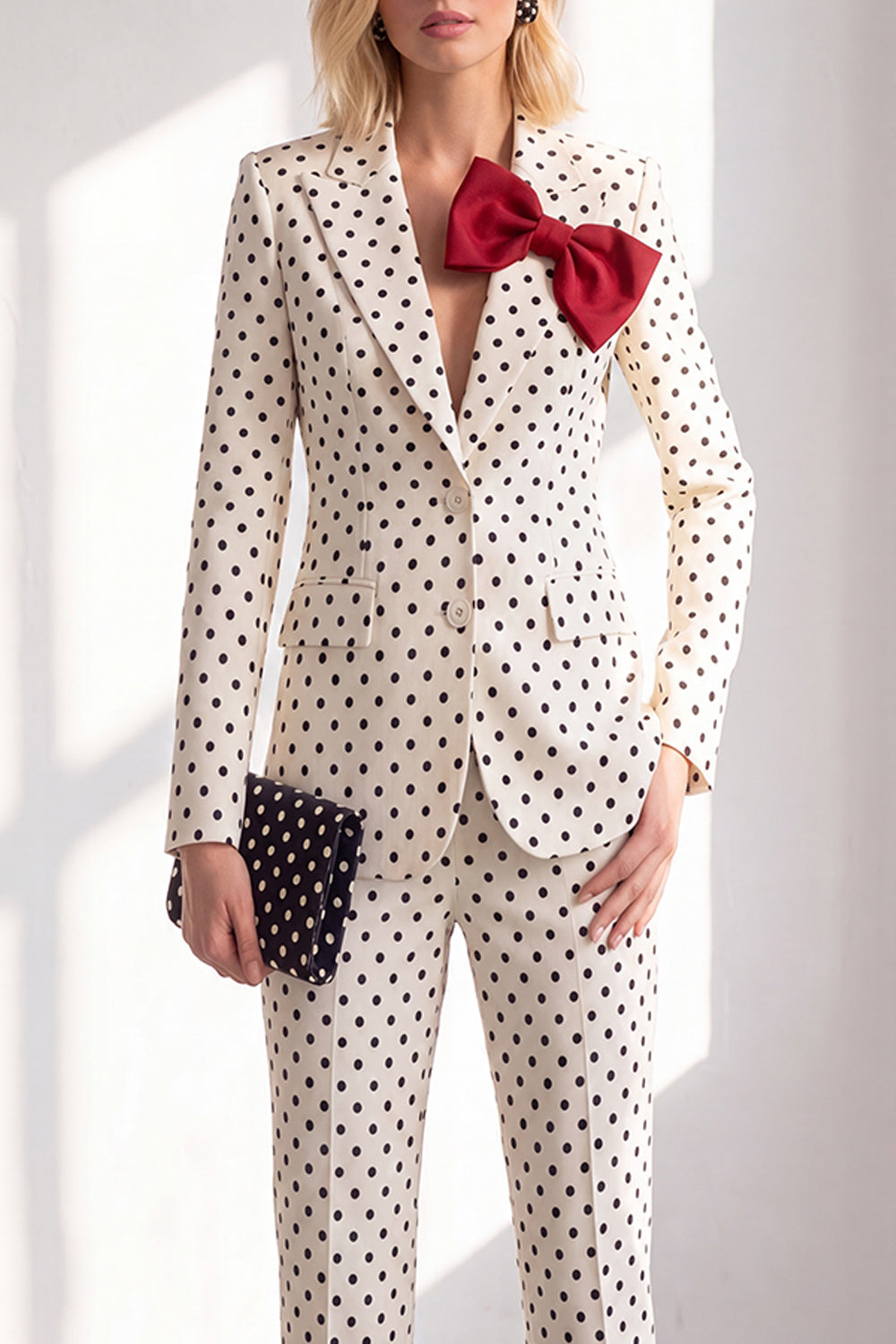 Polka Dots White Slim Fit 2 Piece Peak Lapel Women Suits with Bow