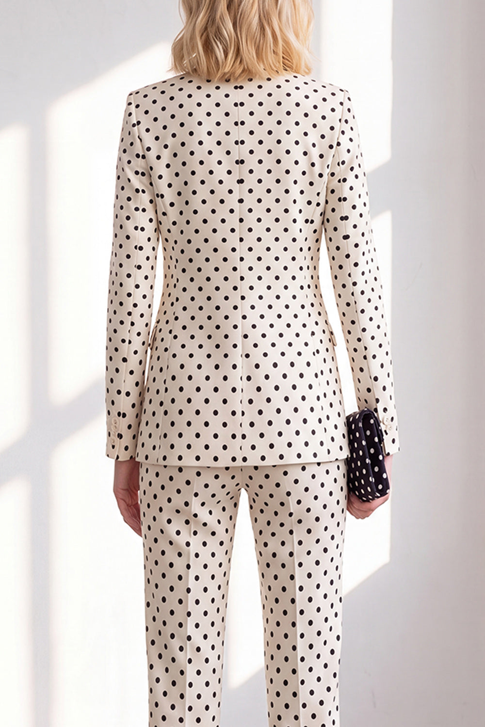 Polka Dots White Slim Fit 2 Piece Peak Lapel Women Suits with Bow