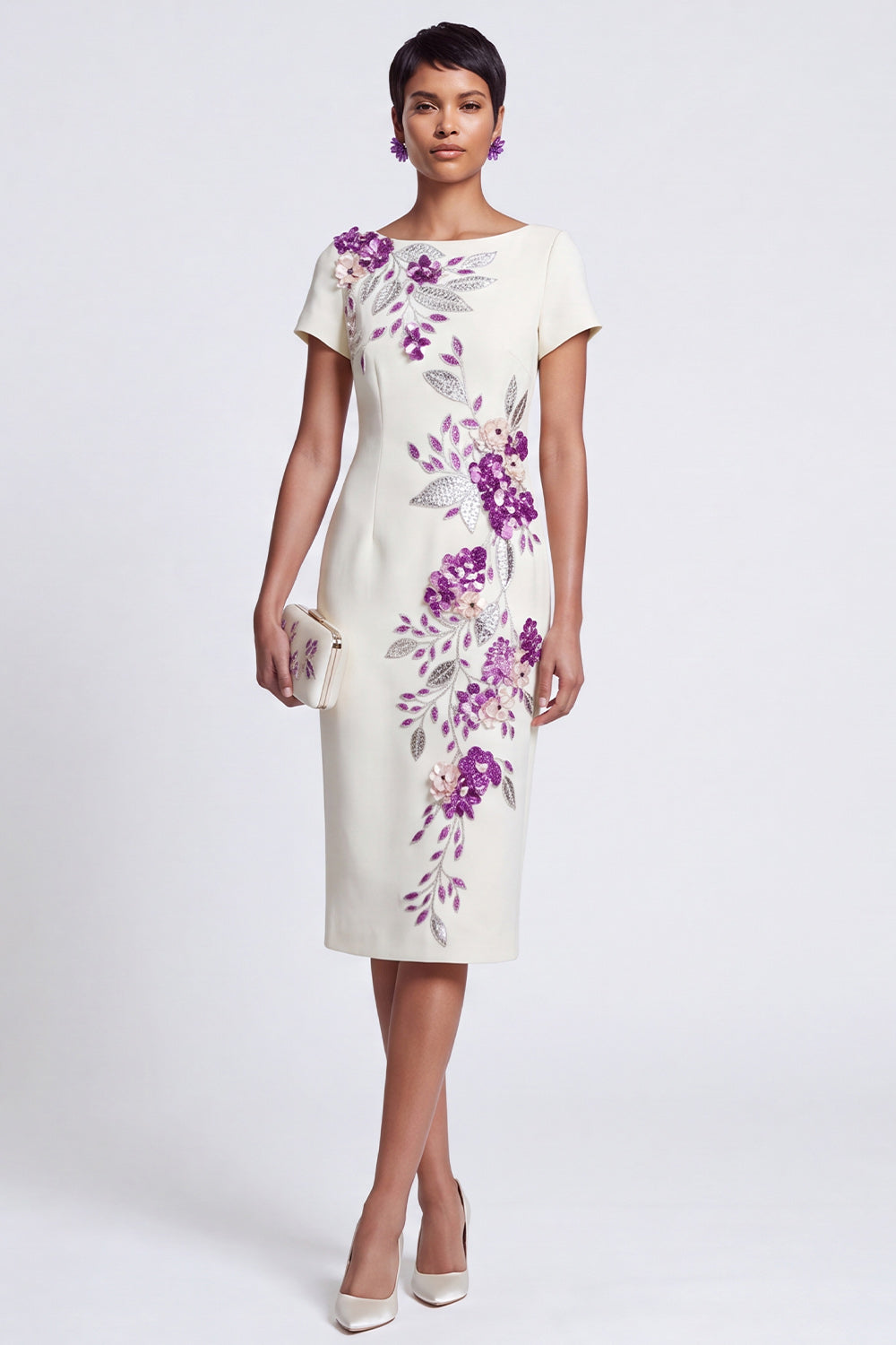 Floral Sparkly White Boat Neck Bodycon Midi Work Dress with Sleeves