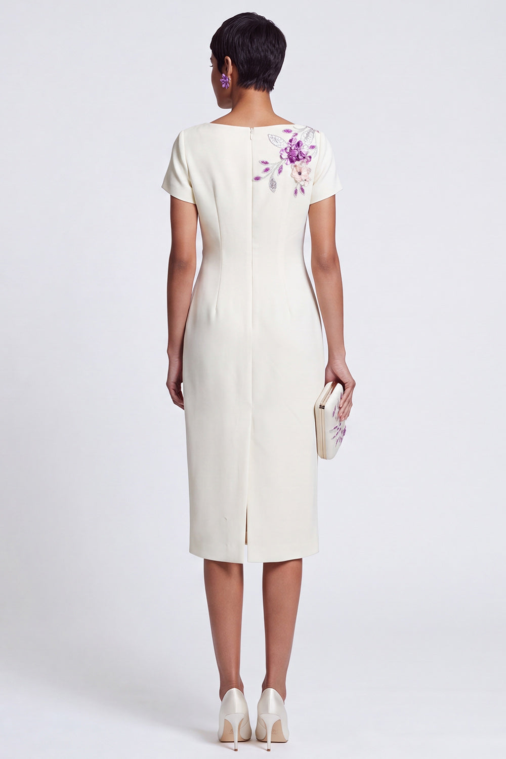 Floral Sparkly White Boat Neck Bodycon Midi Work Dress with Sleeves
