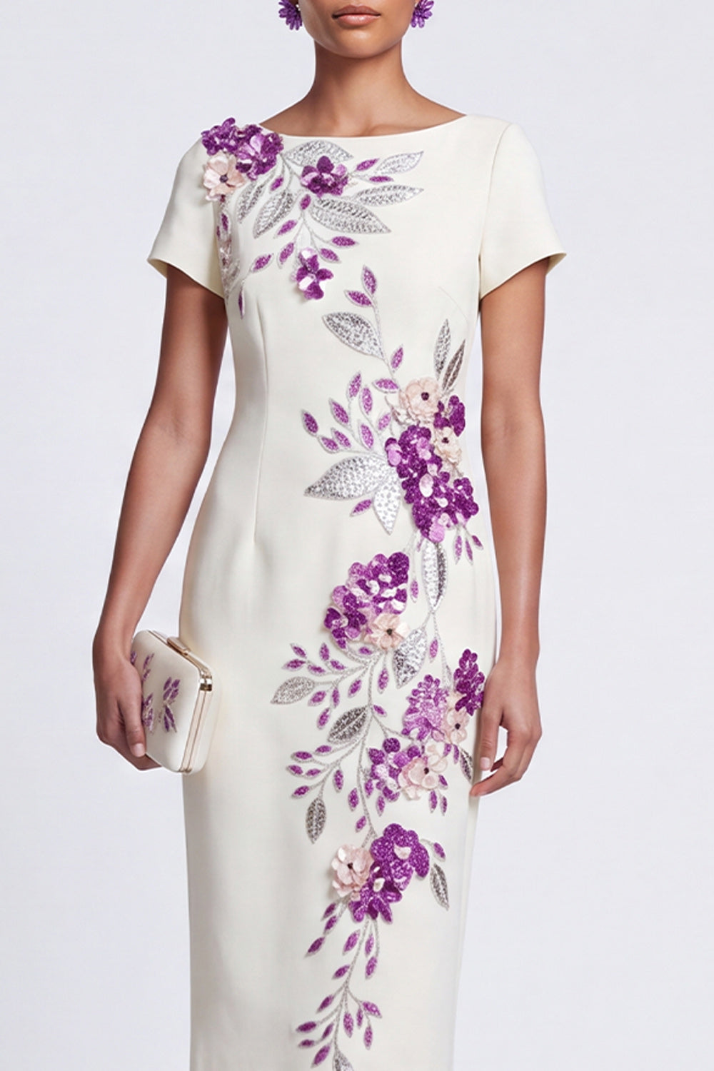 Floral Sparkly White Boat Neck Bodycon Midi Work Dress with Sleeves