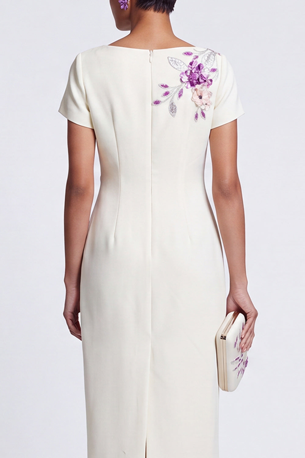 Floral Sparkly White Boat Neck Bodycon Midi Work Dress with Sleeves