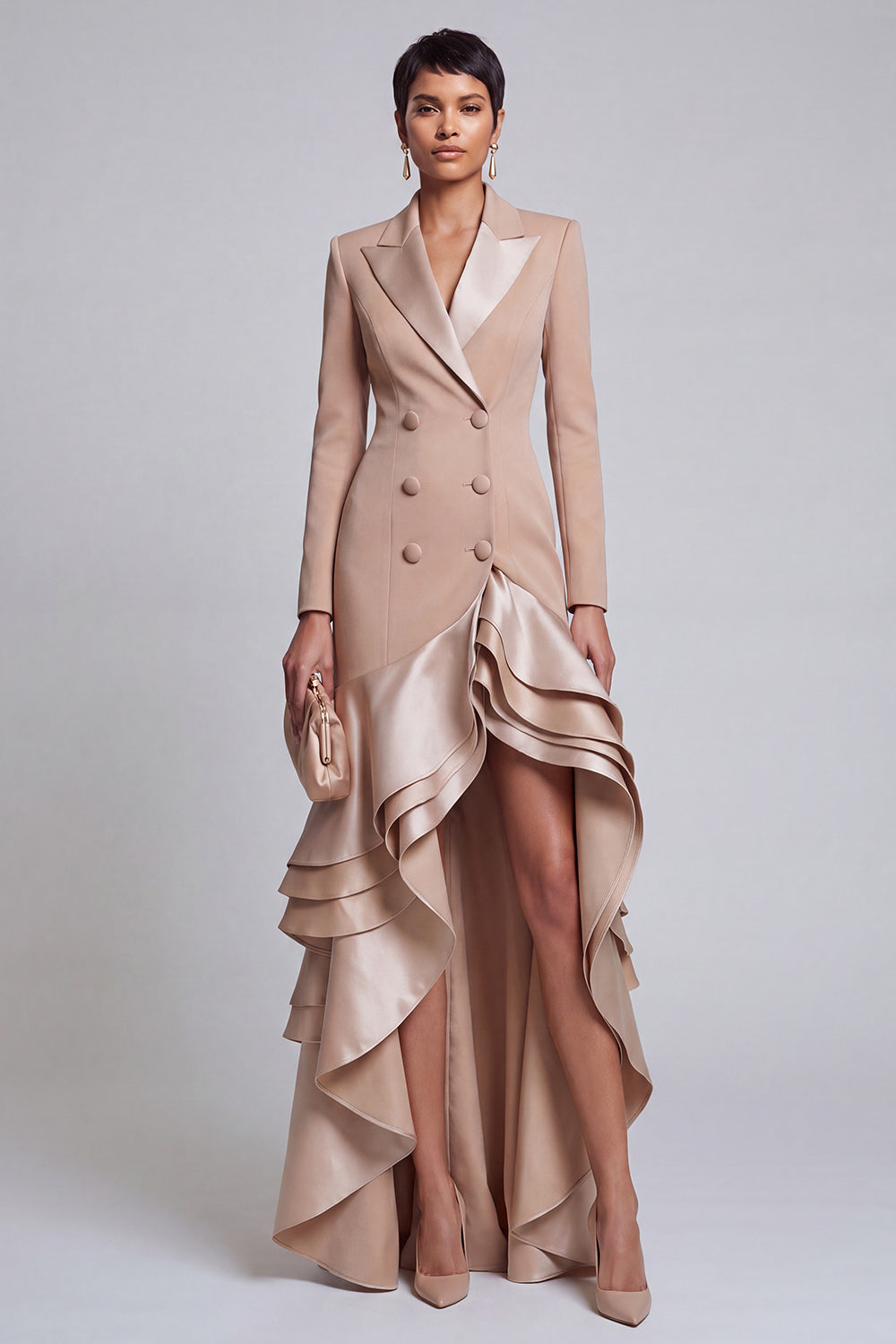 Khaki Ruffled Peak Lapel Double Breasted High-Low Blazer Dress