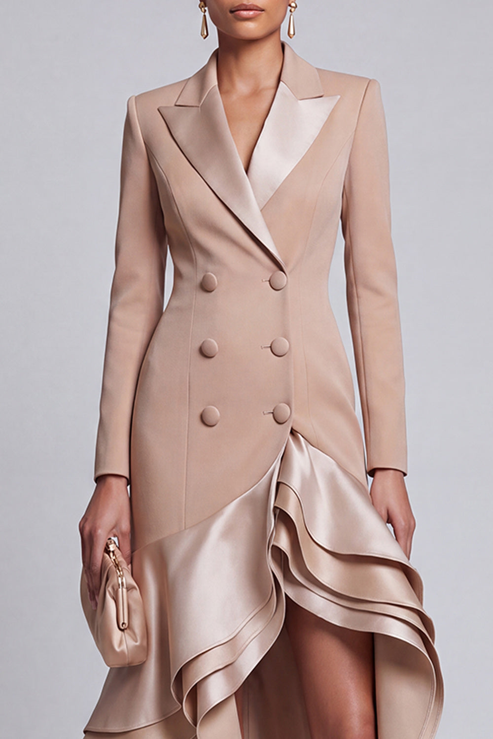 Khaki Ruffled Peak Lapel Double Breasted High-Low Blazer Dress