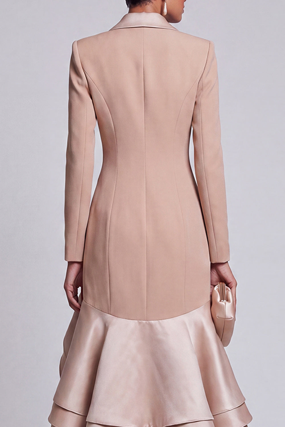 Khaki Ruffled Peak Lapel Double Breasted High-Low Blazer Dress