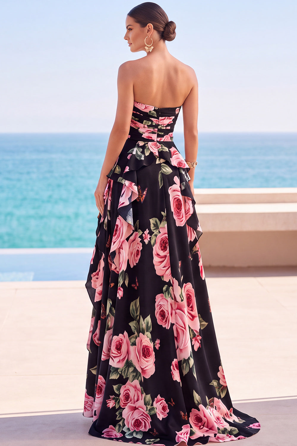 Pink Ruffled Floral Print A-Line Strapless Long Wedding Guest Dress with Slit