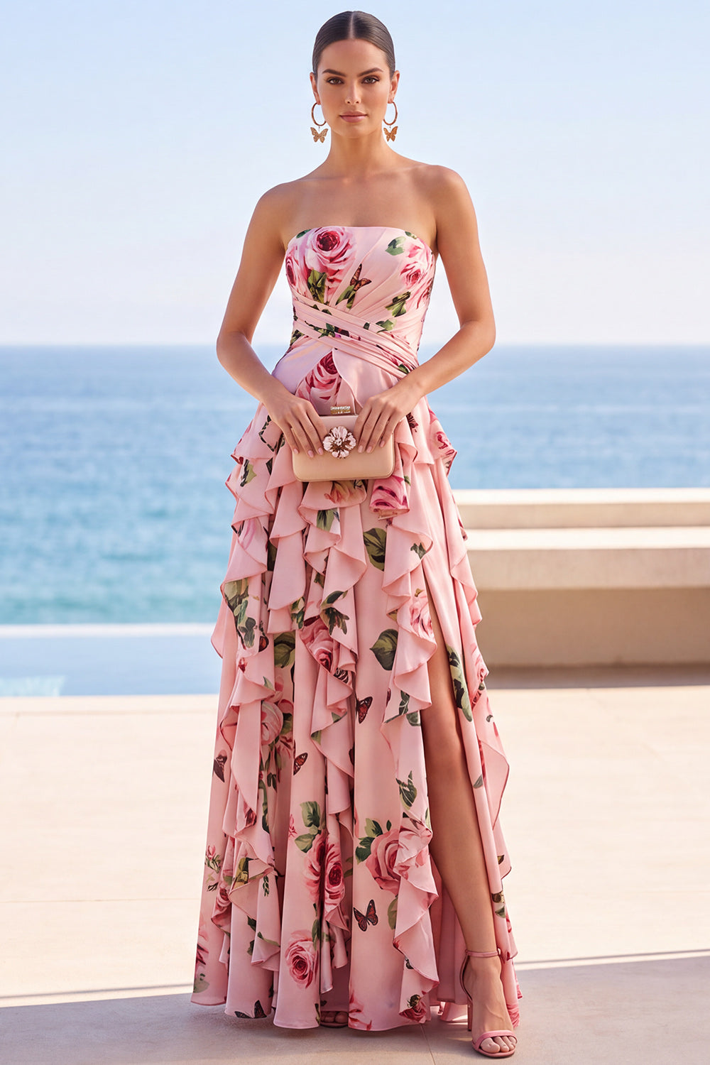 Pink Ruffled Floral Print A-Line Strapless Long Wedding Guest Dress with Slit