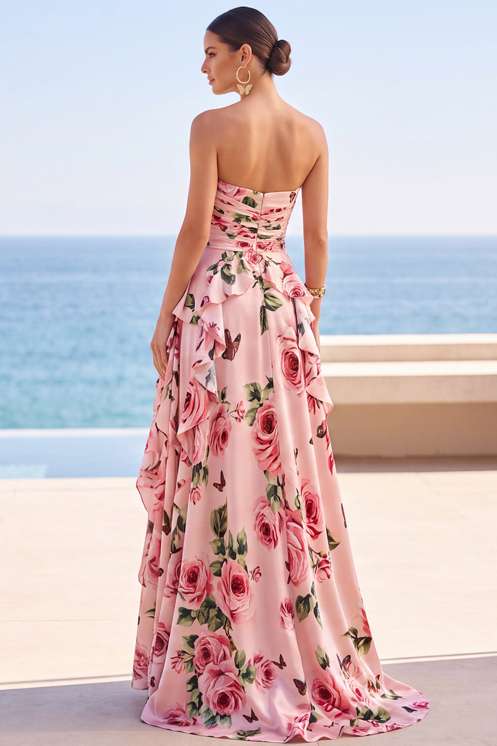 Pink Ruffled Floral Print A-Line Strapless Long Wedding Guest Dress with Slit
