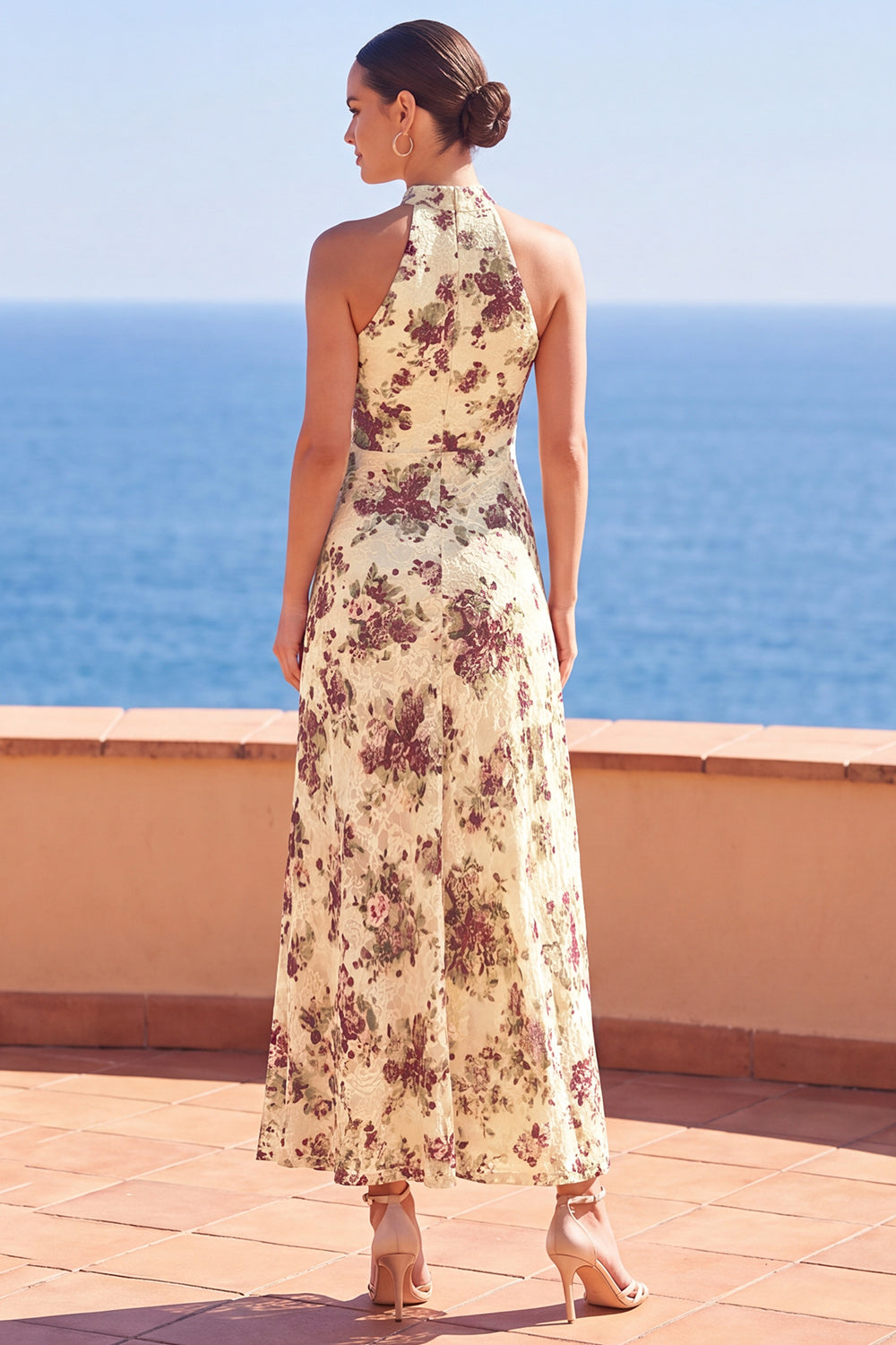 Black Floral A Line High Neck Long Wedding Guest Dress