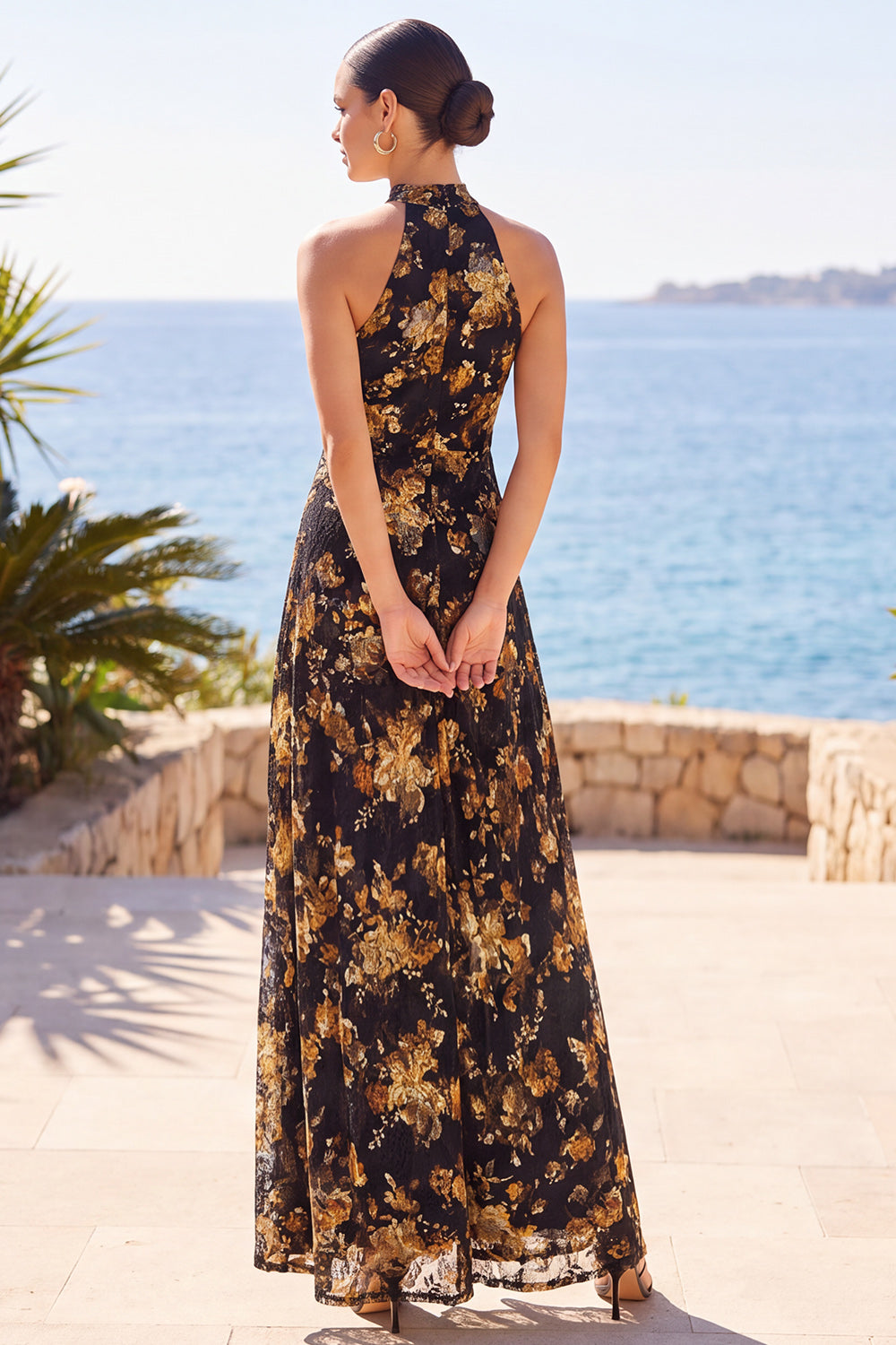 Black Floral A Line High Neck Long Wedding Guest Dress