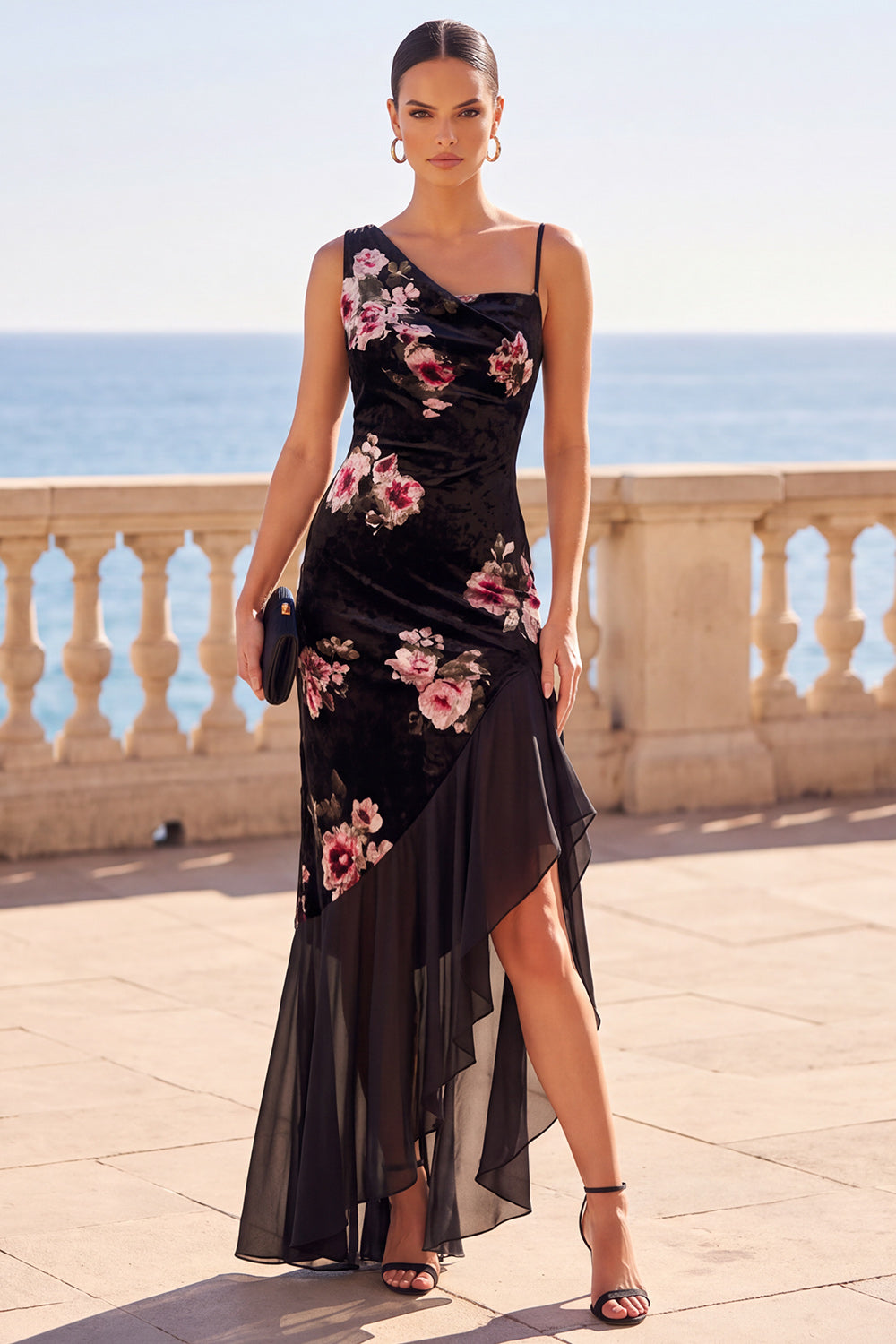 Black Mermaid Floral Ruffled Asymmetrical Wedding Gues Dress with Slit