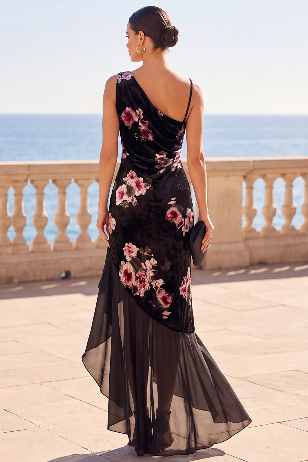 Black Mermaid Floral Ruffled Asymmetrical Wedding Gues Dress with Slit