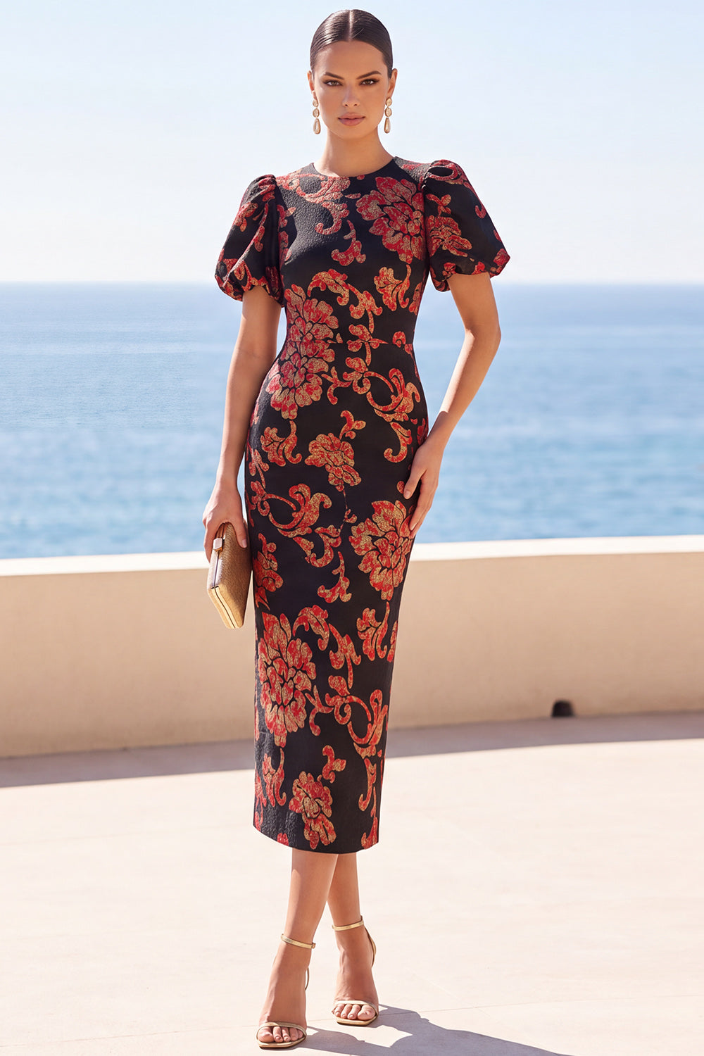 Floral Black Round Neck Sheath Long Wedding Guest Dress with Sleeves