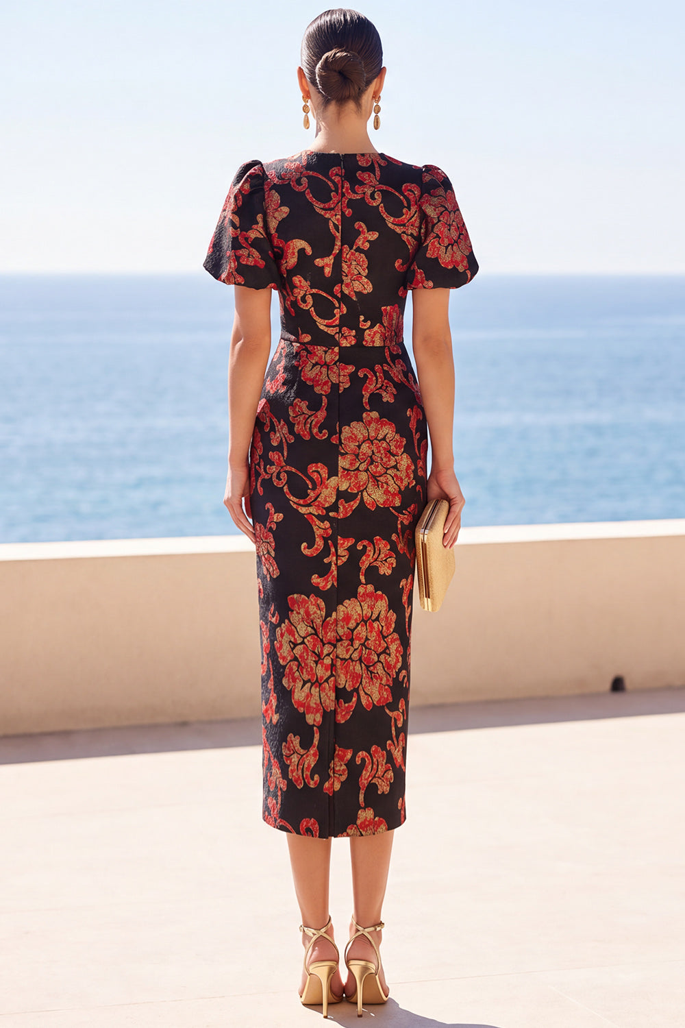Floral Black Round Neck Sheath Long Wedding Guest Dress with Sleeves