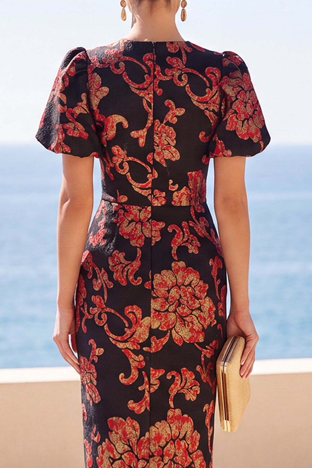 Floral Black Round Neck Sheath Long Wedding Guest Dress with Sleeves