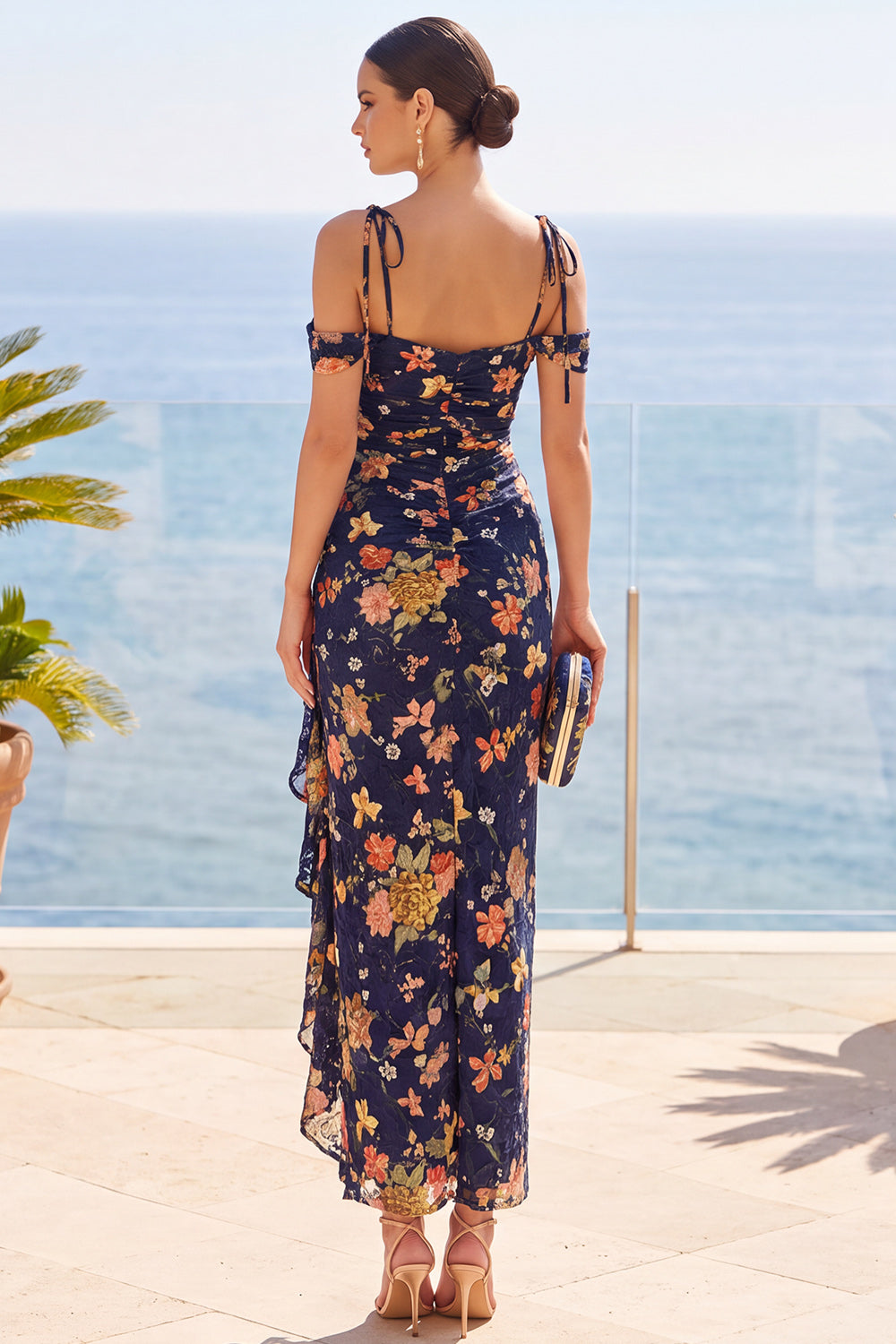 Navy Ruffled Cold Shoulder Floral Long Sheath Wedding Guest Dress with Slit