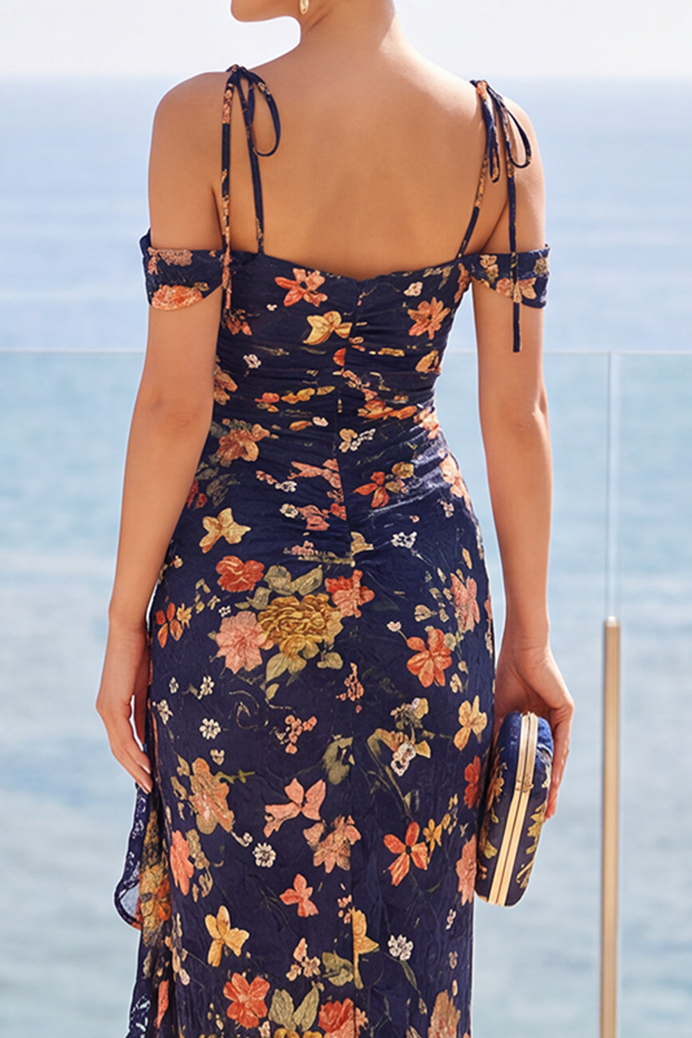 Navy Ruffled Cold Shoulder Floral Long Sheath Wedding Guest Dress with Slit
