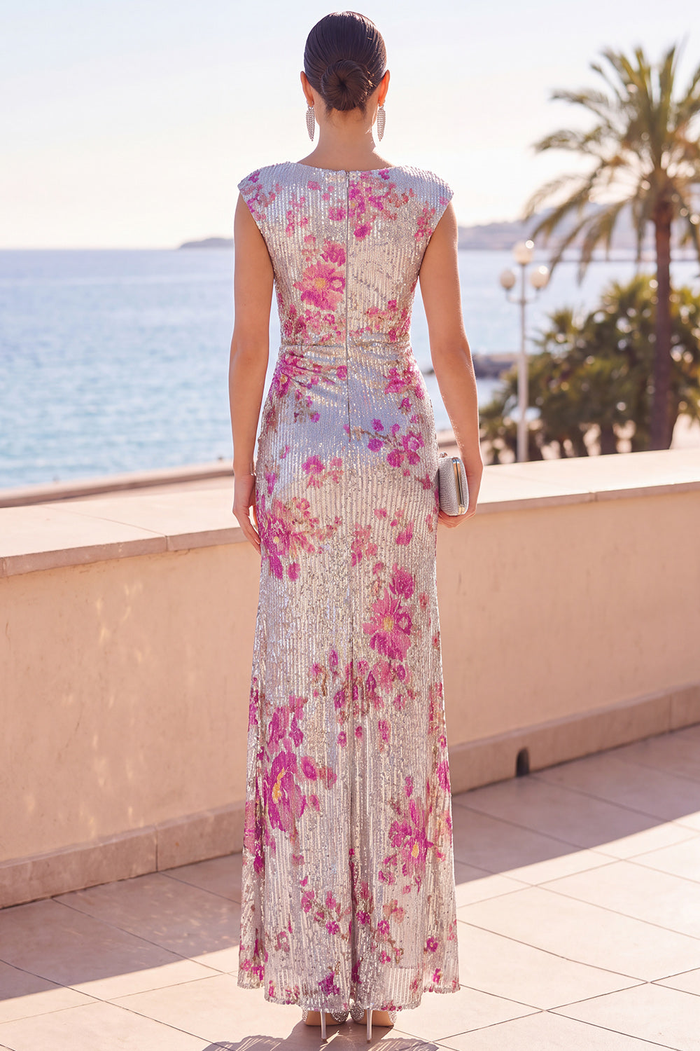 Silver Sparkly Sequin Ruffled Mermaid Floral Long Wedding Guest Dress with Slit