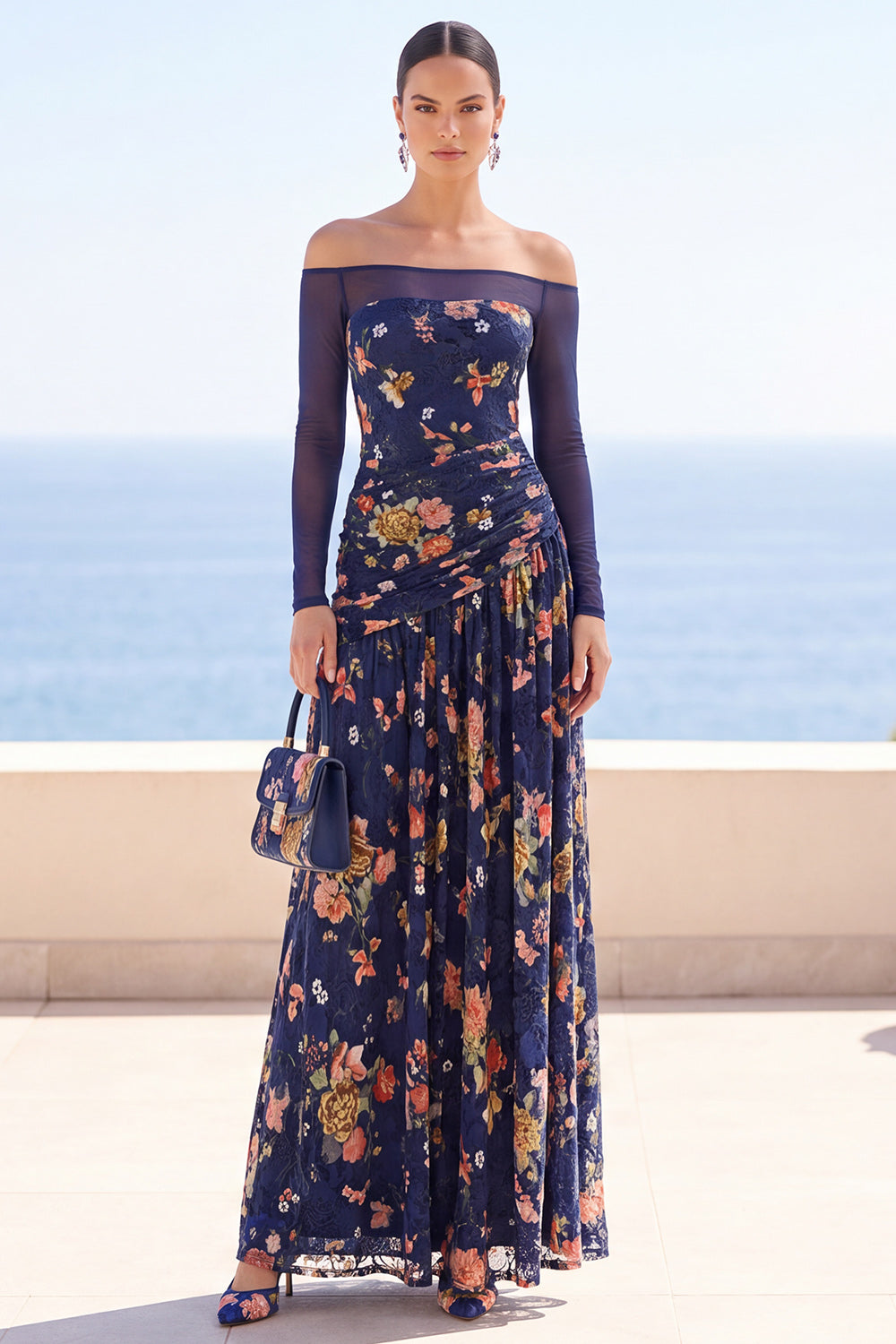 Navy Floral A Line Ruched Off the Shoulder Long Sleeves Wedding Guest Dress