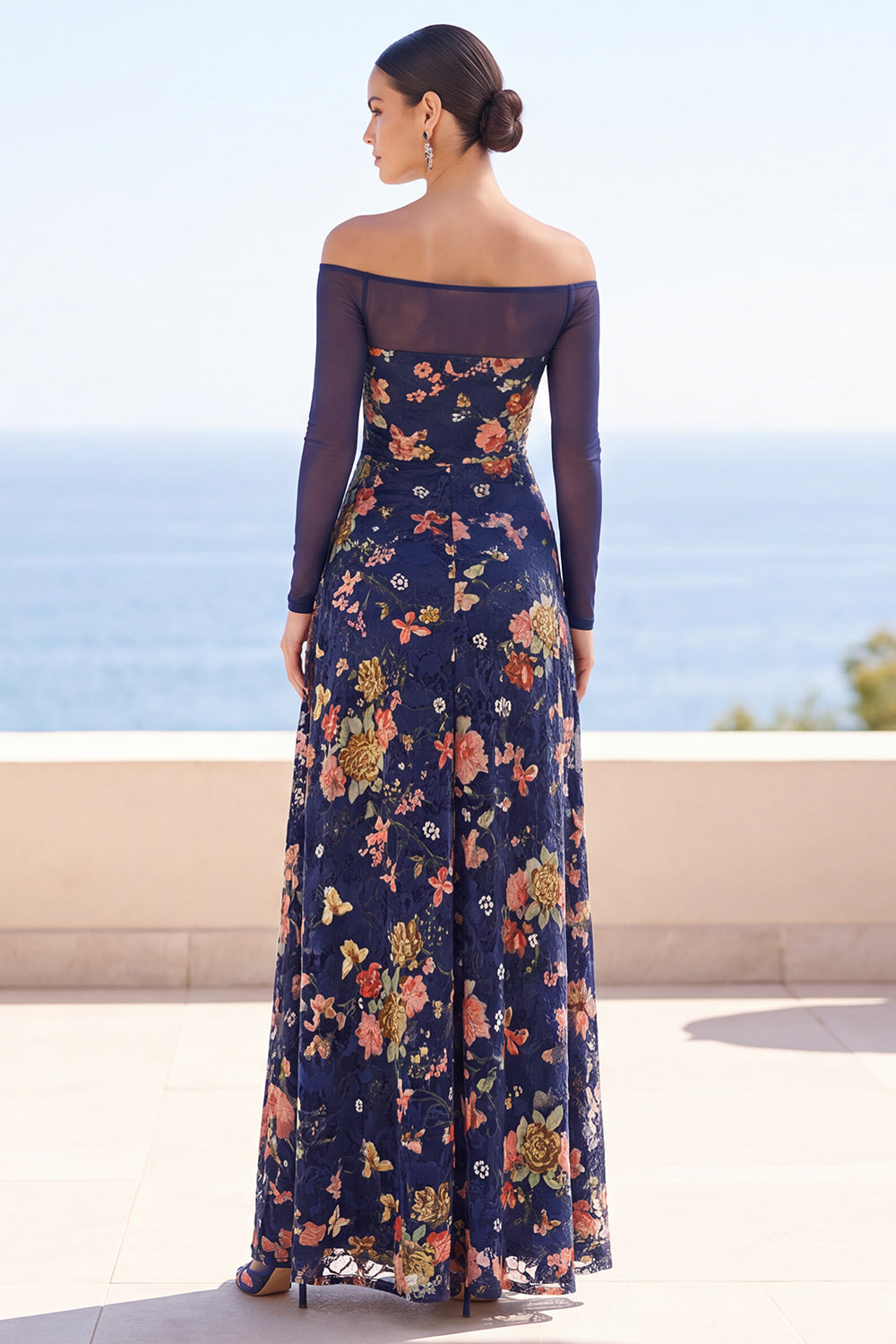 Navy Floral A Line Ruched Off the Shoulder Long Sleeves Wedding Guest Dress