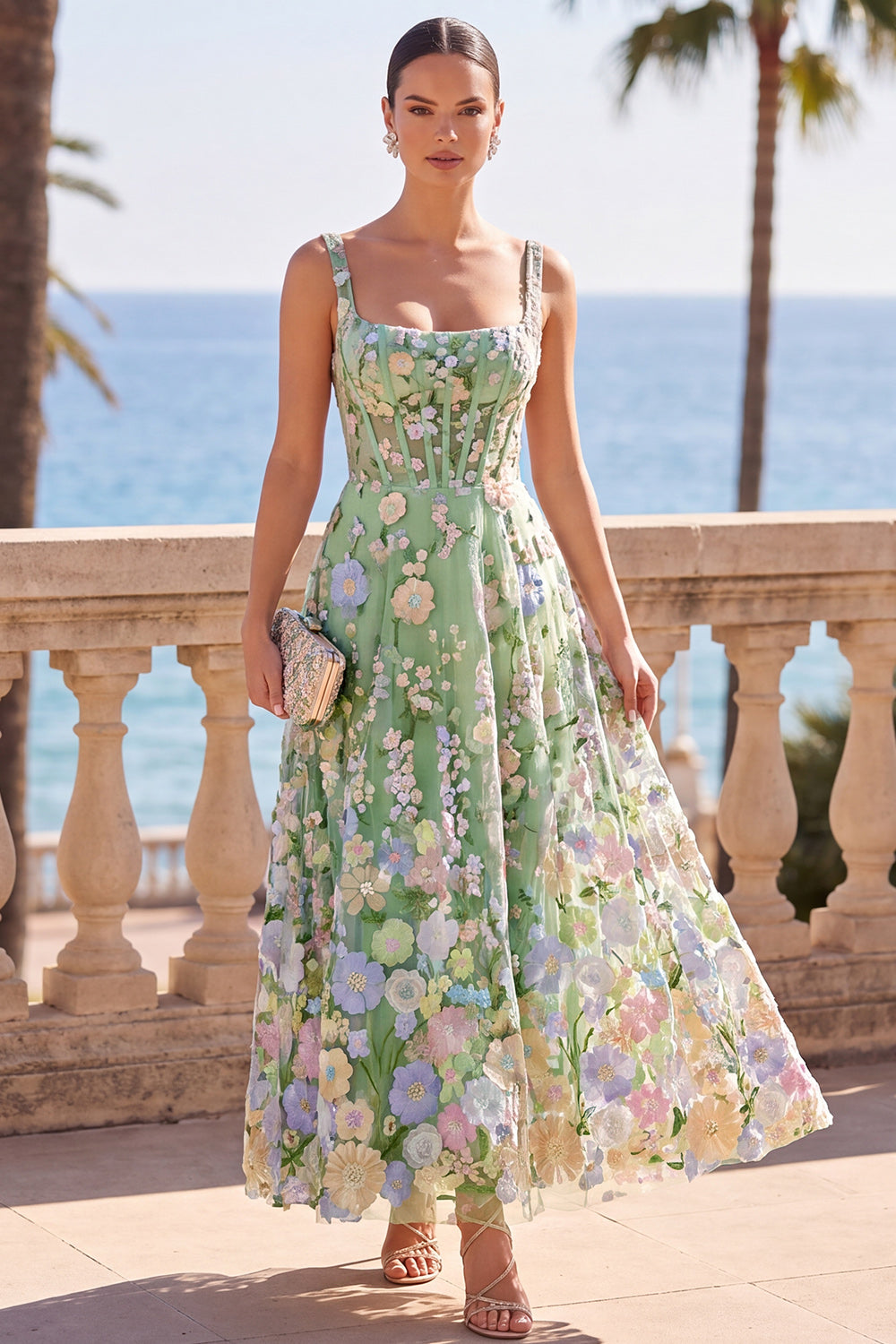 Green A-Line Floral Square Neck Corset Long Wedding Guest Dress