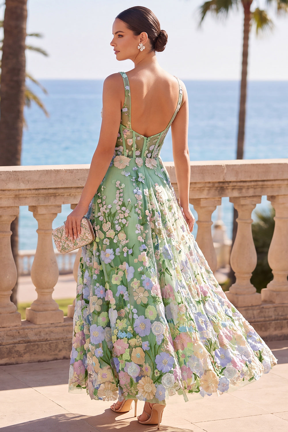 Green A-Line Floral Square Neck Corset Long Wedding Guest Dress
