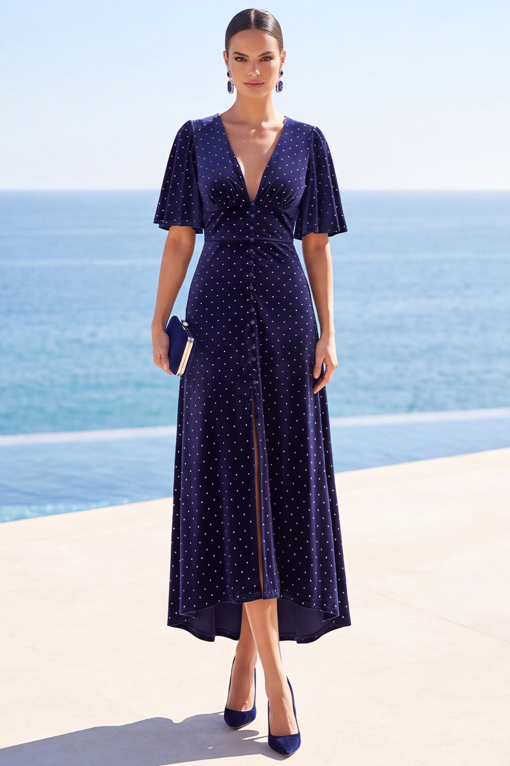 Navy Velvet V Neck A Line High-Low Wedding Guest Dress with Sleeves
