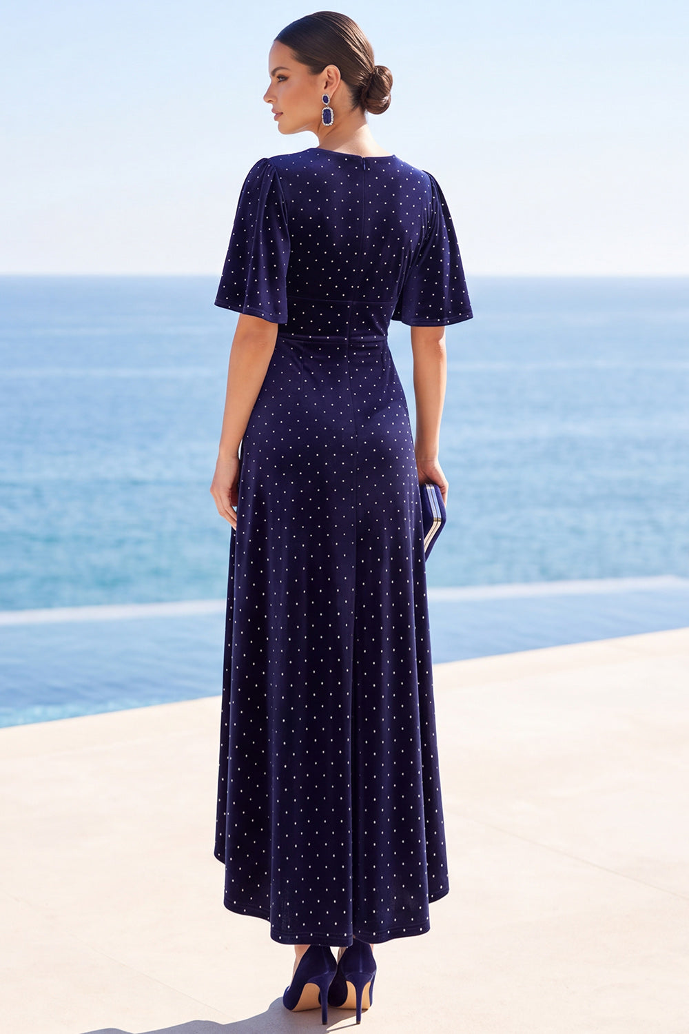 Navy Velvet V Neck A Line High-Low Wedding Guest Dress with Sleeves