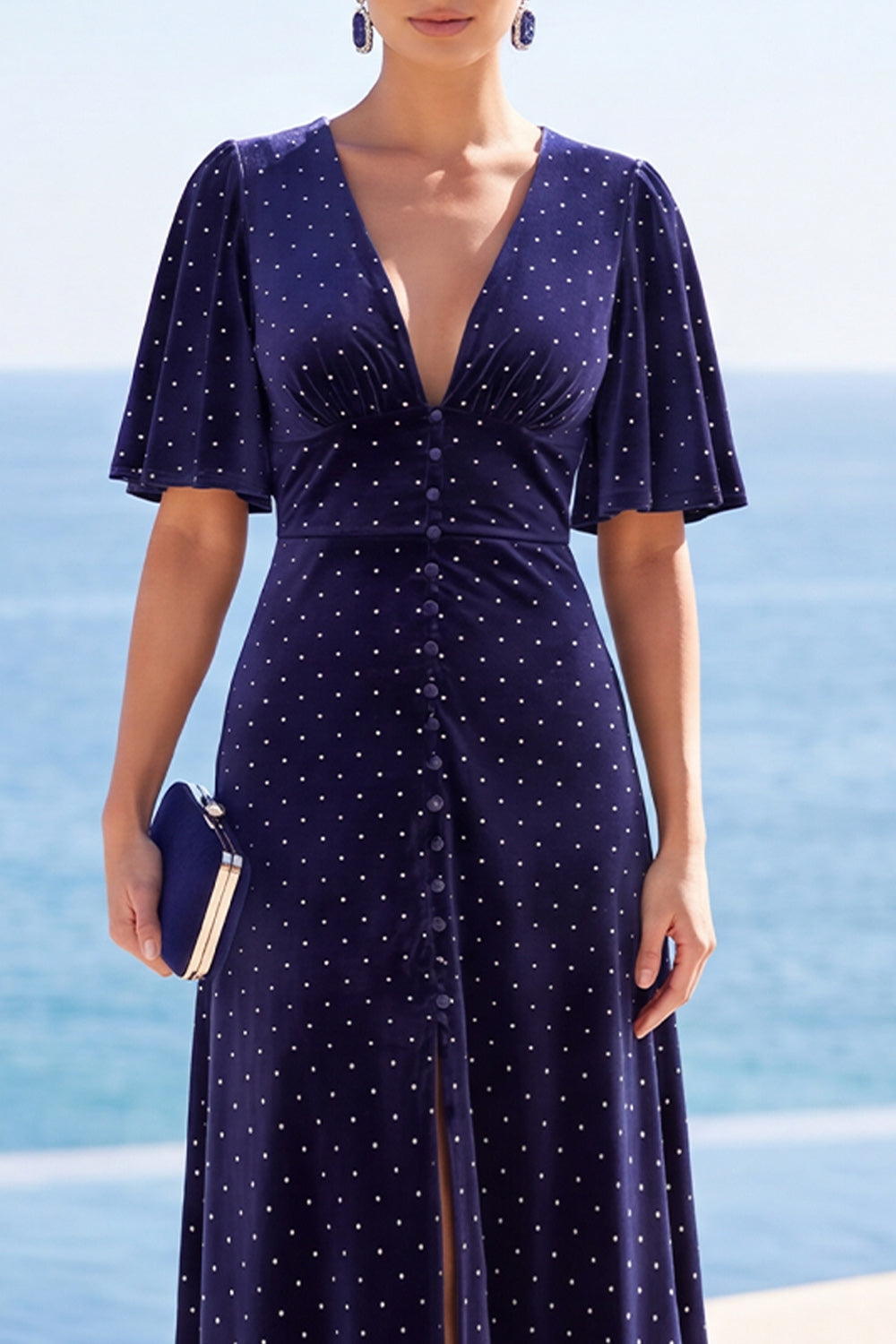 Navy Velvet V Neck A Line High-Low Wedding Guest Dress with Sleeves