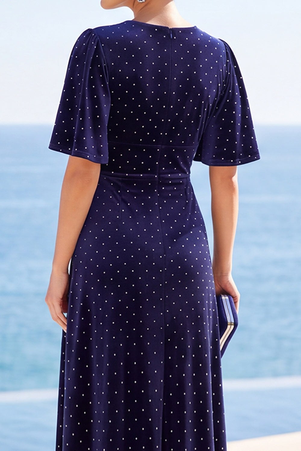 Navy Velvet V Neck A Line High-Low Wedding Guest Dress with Sleeves