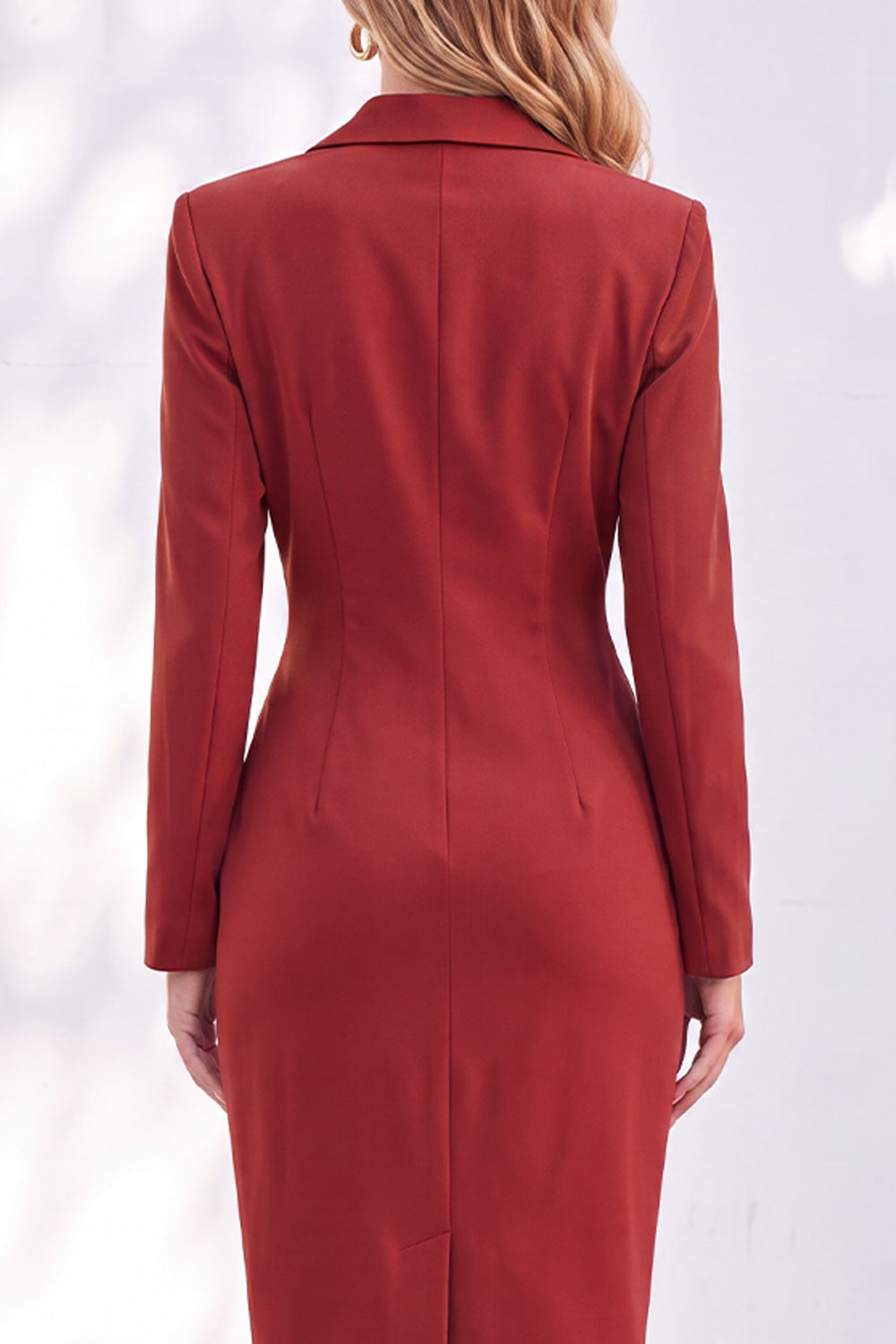 Red Notched Lapel Ruched Midi Blazer Dress with Slit