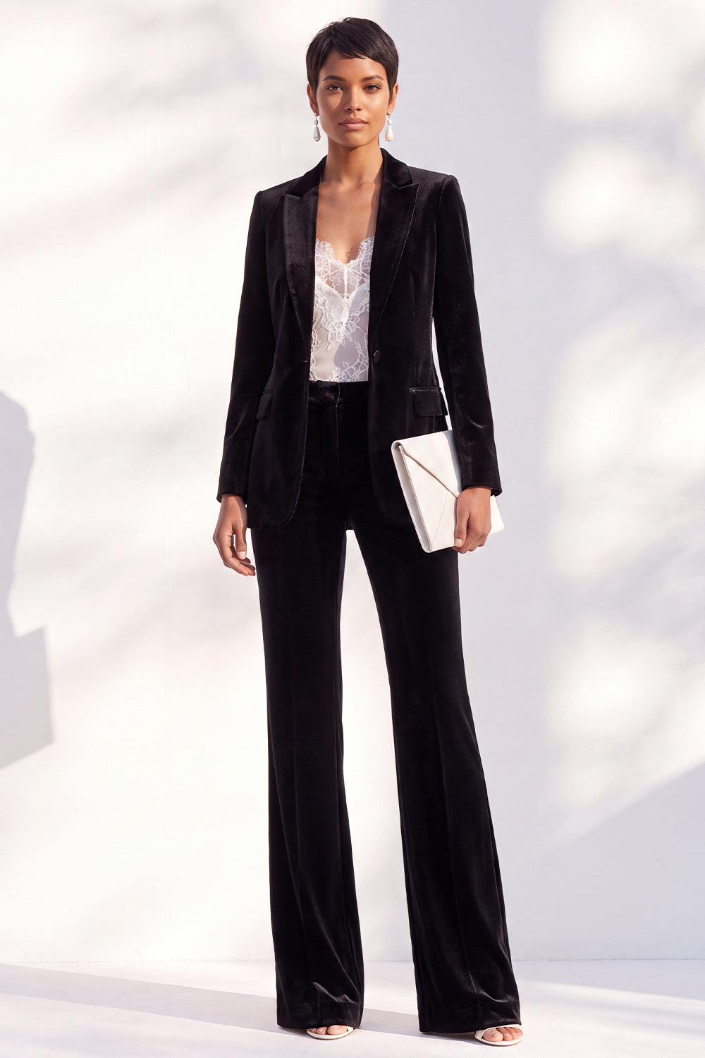 Black Peak Lapel Velvet One Button 2 Piece Work Suits