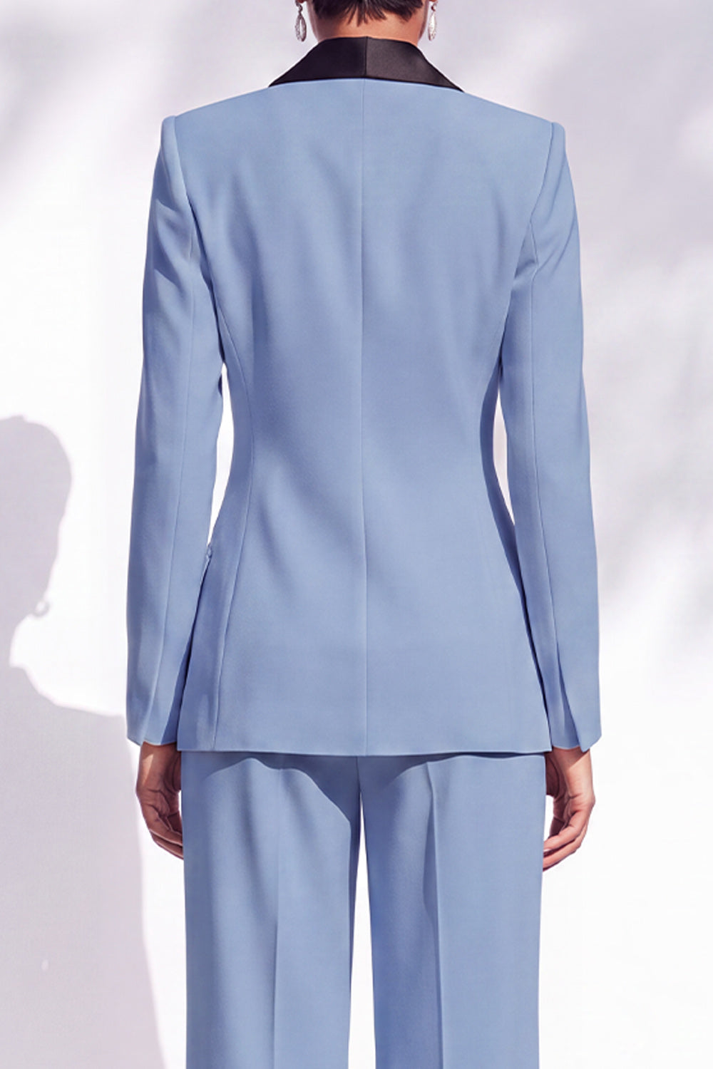 Blue Double Breasted Shawl Lapel 2 Piece Work Suits with 3D Flower