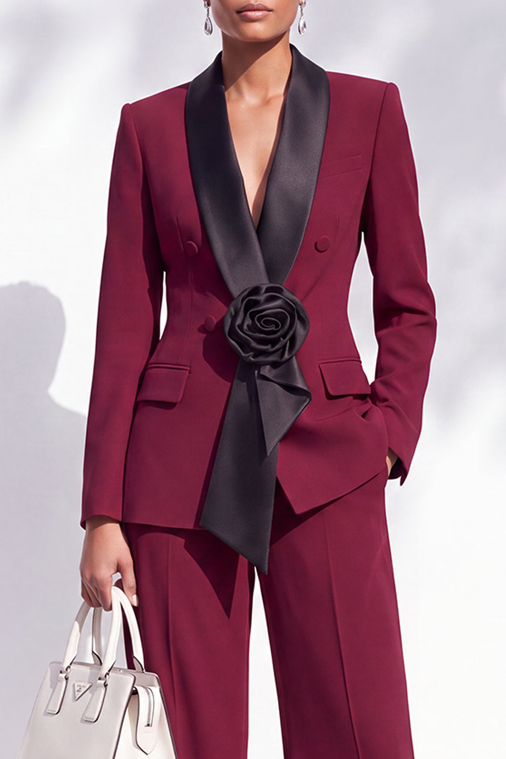 Blue Double Breasted Shawl Lapel 2 Piece Work Suits with 3D Flower