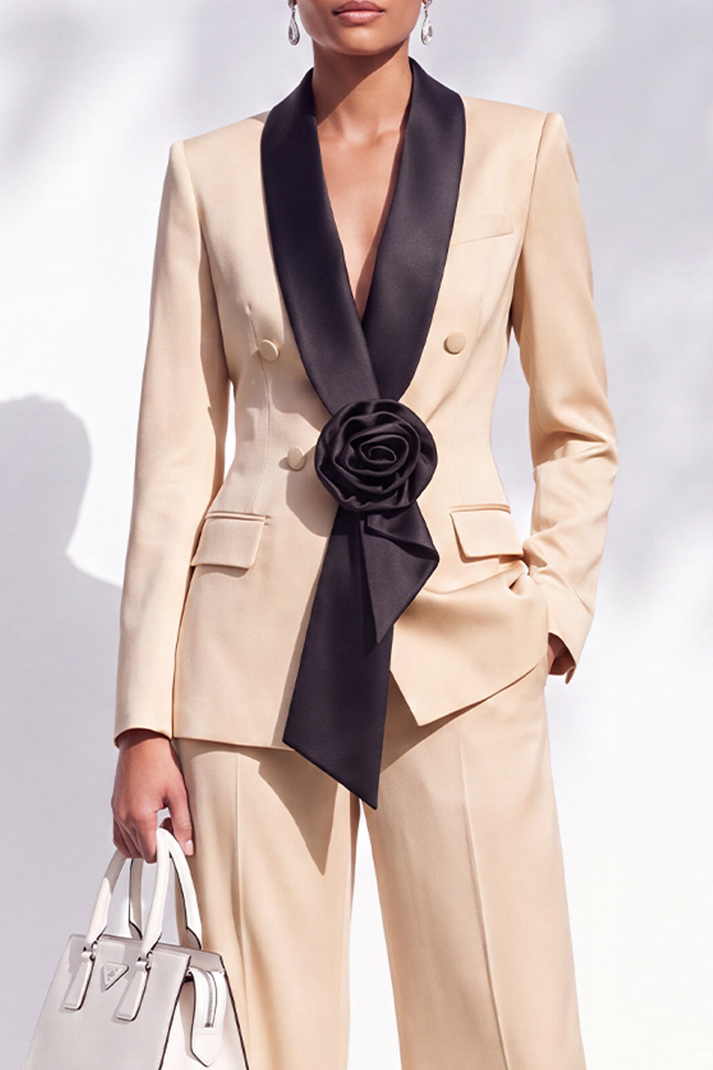 Blue Double Breasted Shawl Lapel 2 Piece Work Suits with 3D Flower
