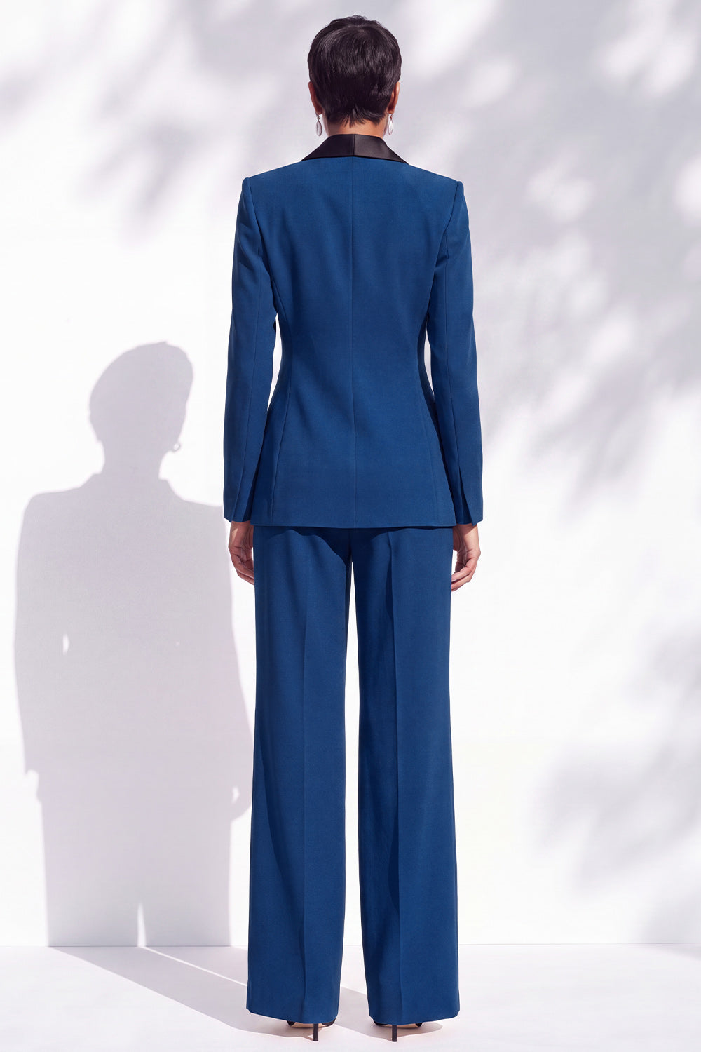 Blue Double Breasted Shawl Lapel 2 Piece Work Suits with 3D Flower