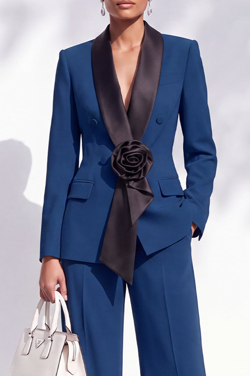 Blue Double Breasted Shawl Lapel 2 Piece Work Suits with 3D Flower
