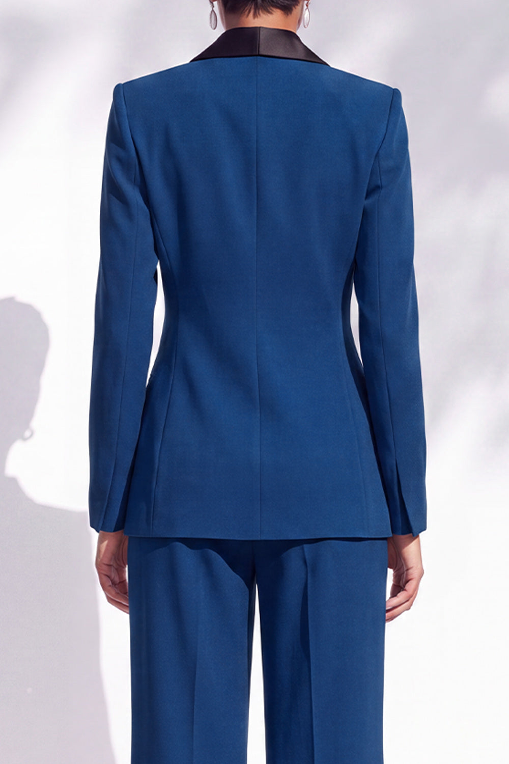 Blue Double Breasted Shawl Lapel 2 Piece Work Suits with 3D Flower