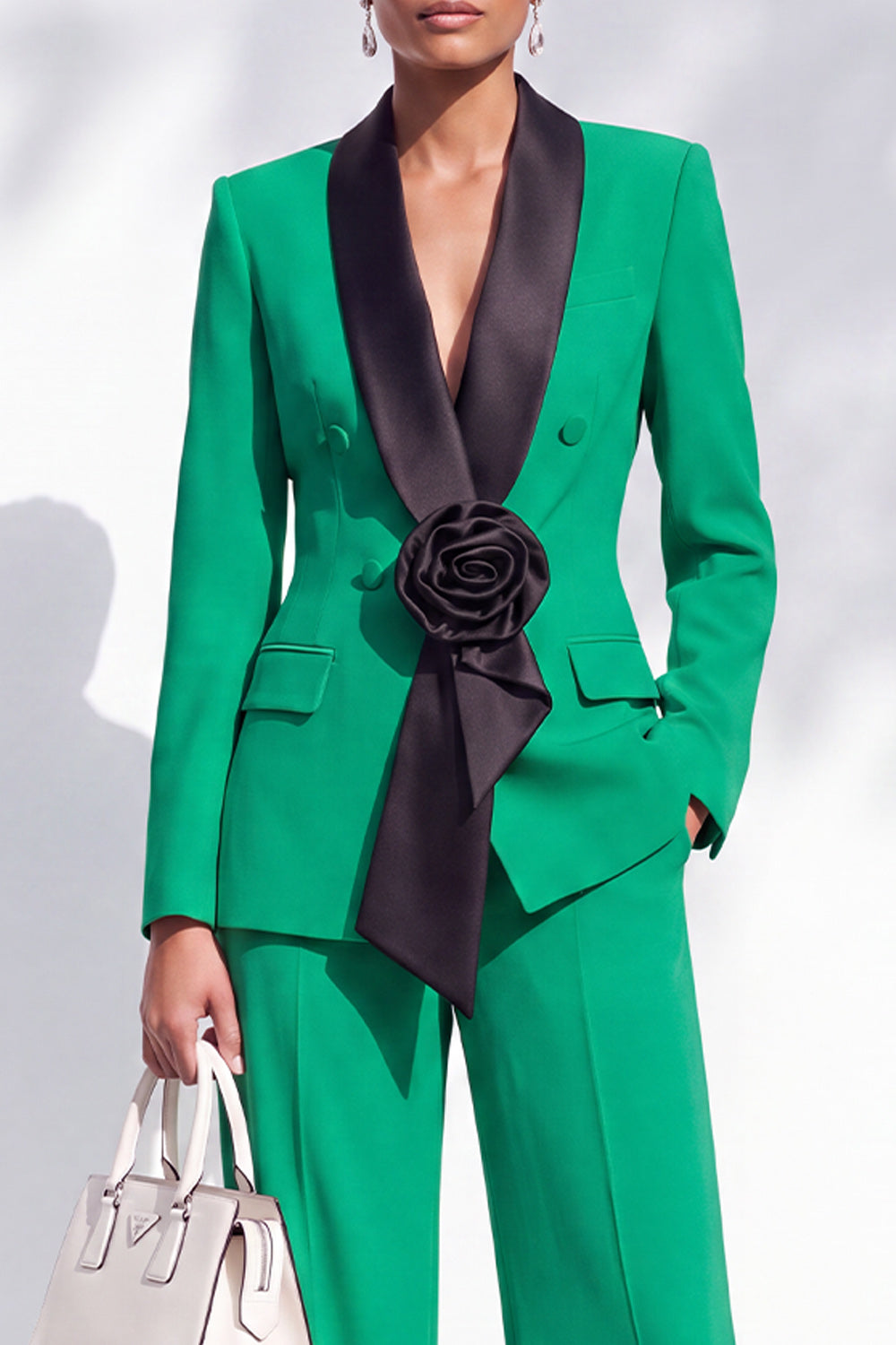 Blue Double Breasted Shawl Lapel 2 Piece Work Suits with 3D Flower