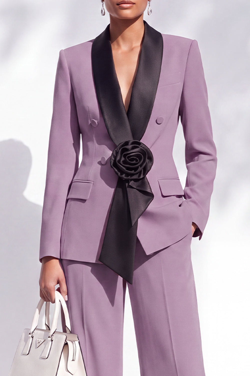 Blue Double Breasted Shawl Lapel 2 Piece Work Suits with 3D Flower